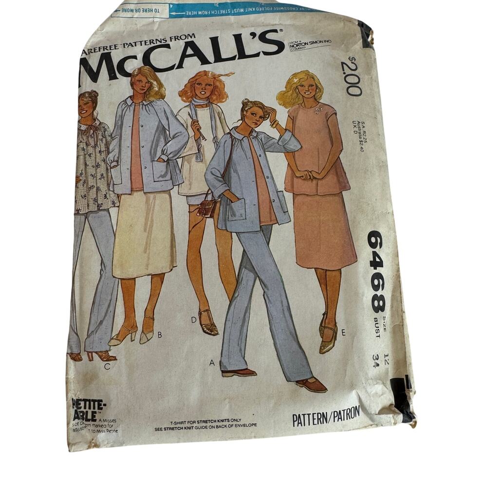 McCalls 6468 Sewing Pattern Petite-able Size 12 1979 Top Pant Skirt Maturnity